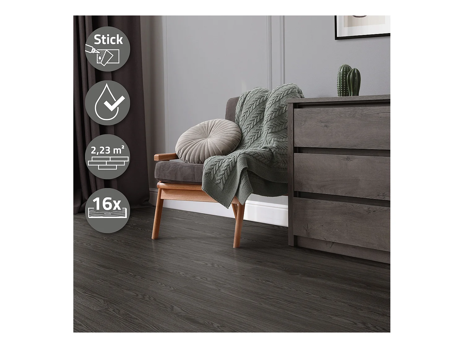 ML-Design Suelo vinílico de PVC 2,23m² roble gris oscuro 16x planchas autoadhesivas 91,5x15,3cm láminas grosor 2 mm efecto madera antideslizante