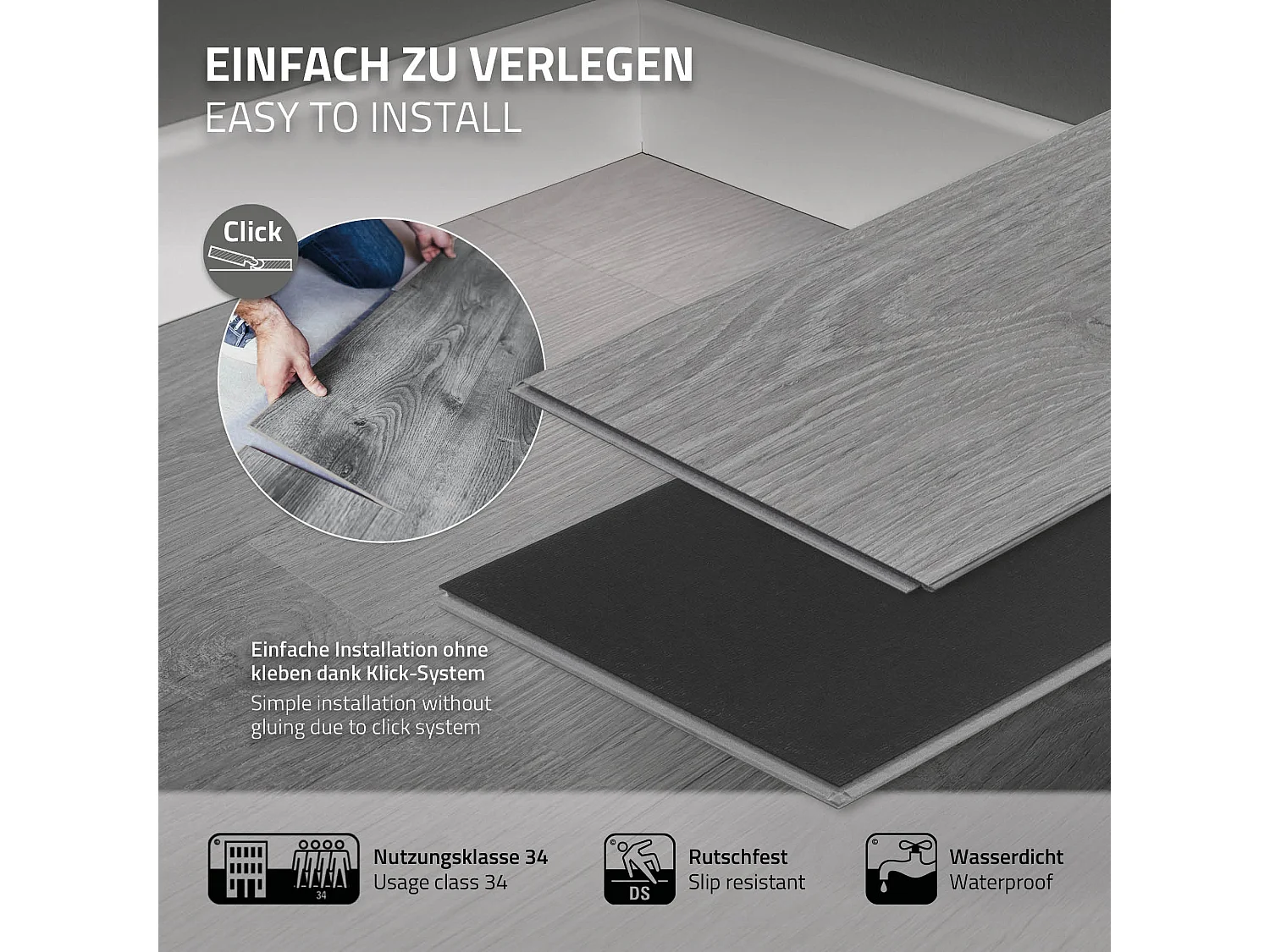 Pavimento in PVC Deluxe 122x18cm 3,08m² grigio 14 pz ad incastro vinile rivestimento aspetto legno antiscivolo copripavimento impermeabile ML-Design