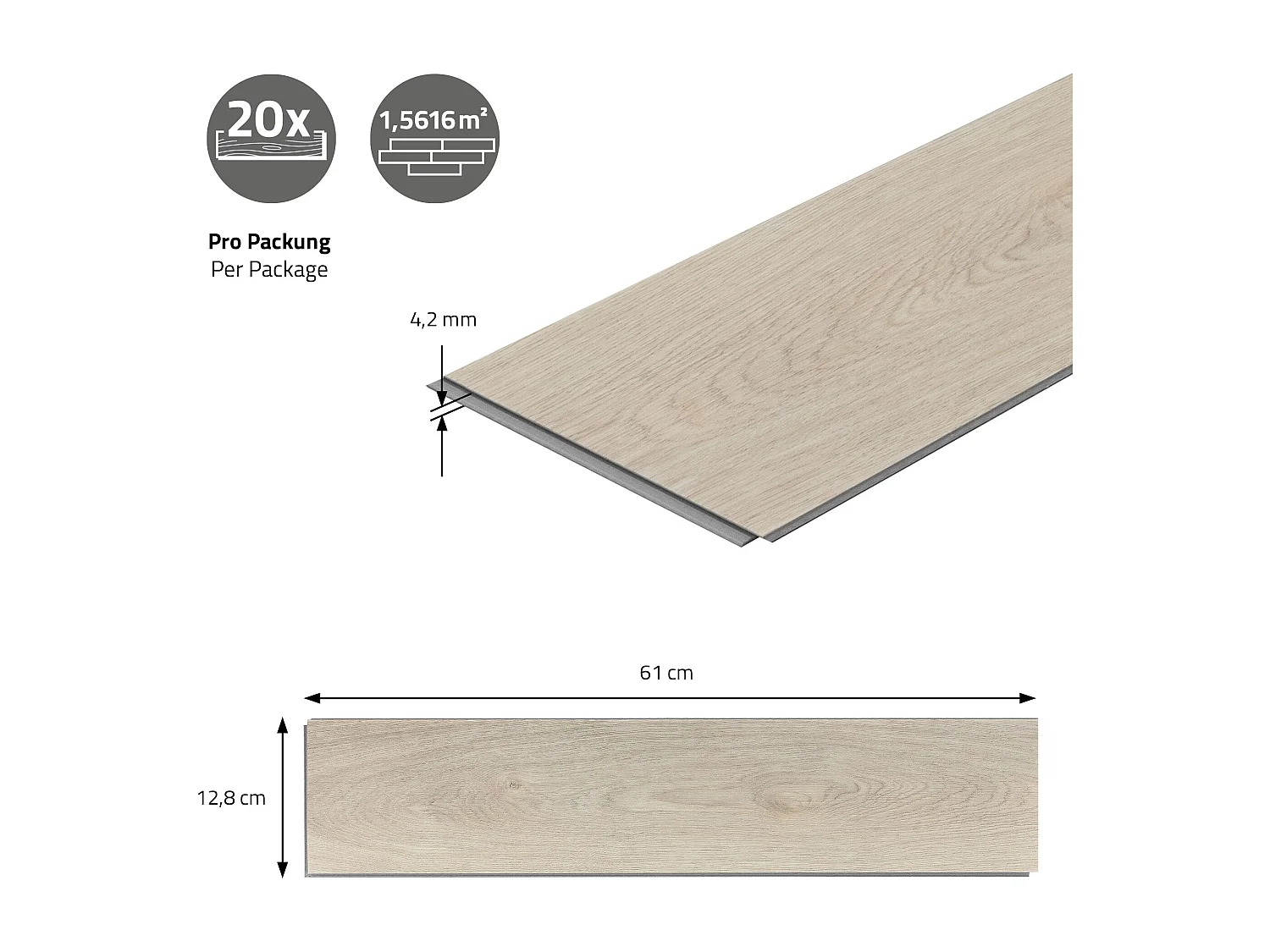 Pavimento in PVC Deluxe 61x12,8cm 3,12m² a click rovere chiaro a spina di pesce 40 listoni in vinile rivestimento aspetto legno impermeabile ML-Design