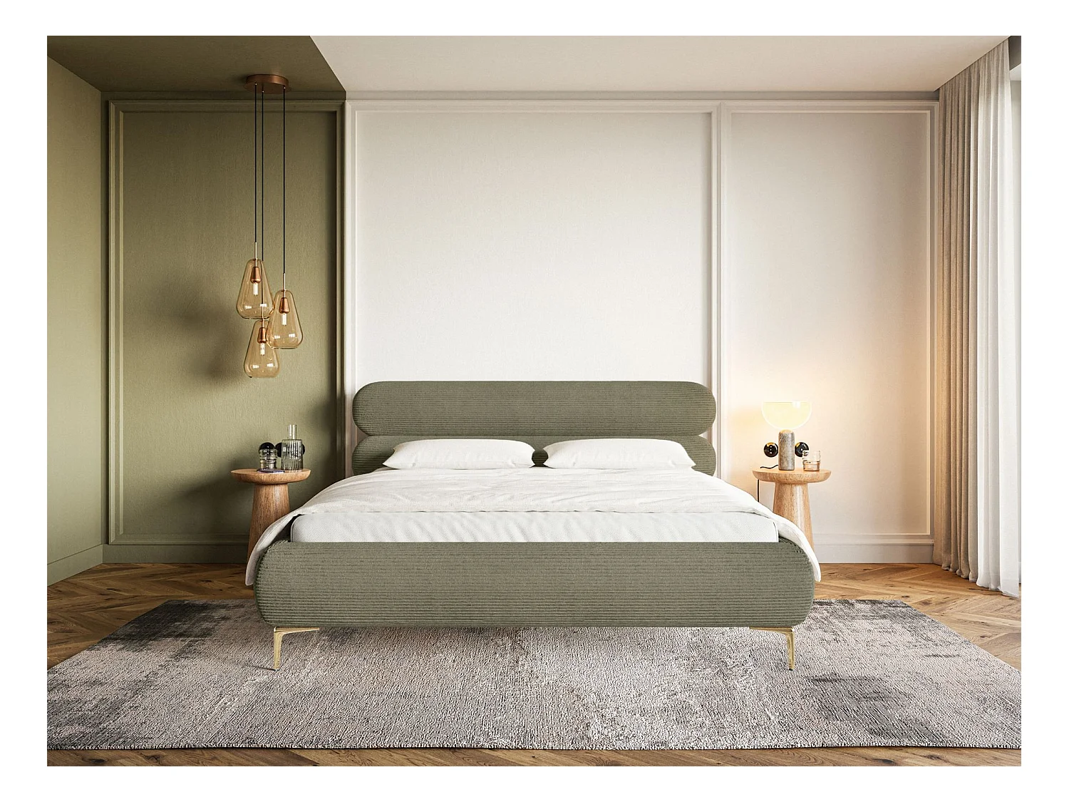 Polsterbett 160x200 mit Bettkasten – Cordstoff – goldfarbenen Füßen – Olivgrün – ROULE CORD