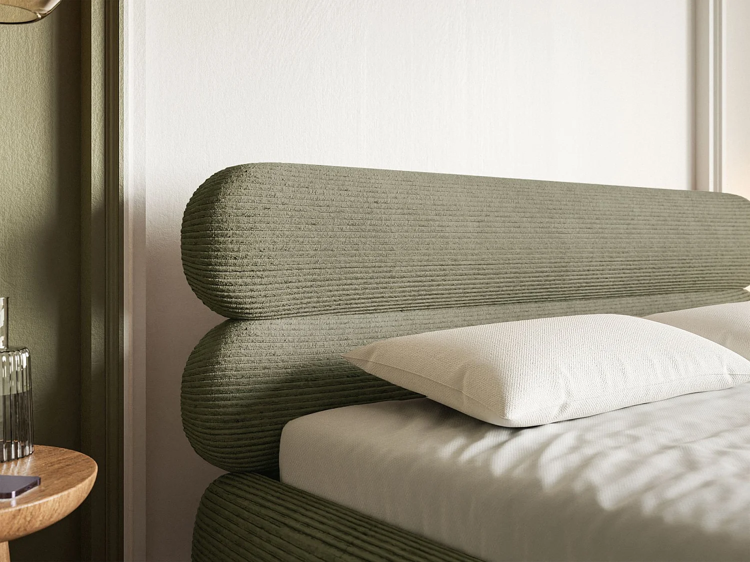 Lit tapissé 160x200 – rangement – velours côtelé – vert olive – ROULE CORD