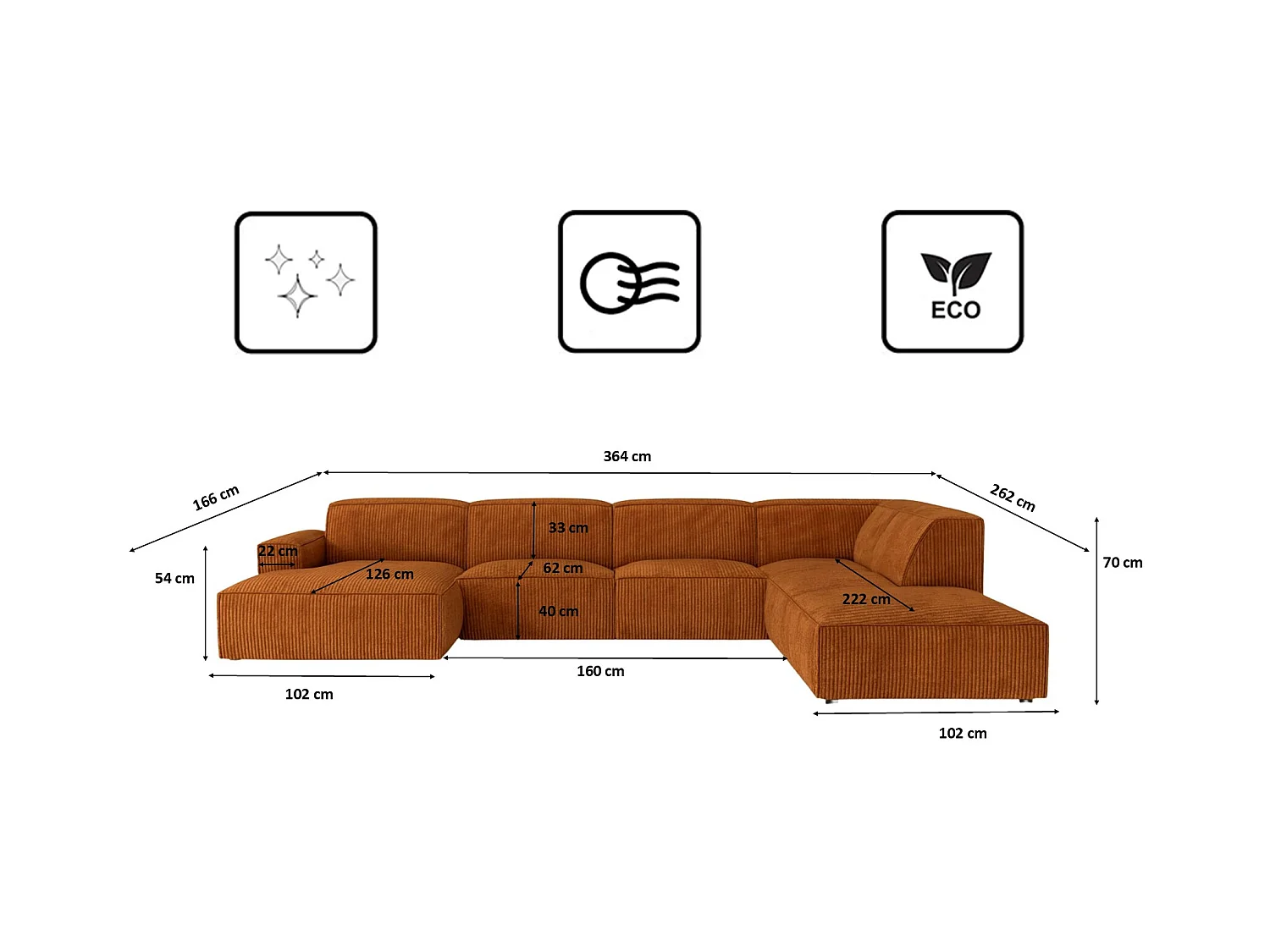 Ecksofa U-Form Cursal V, Stoff Poso, Kupfer, Rechts