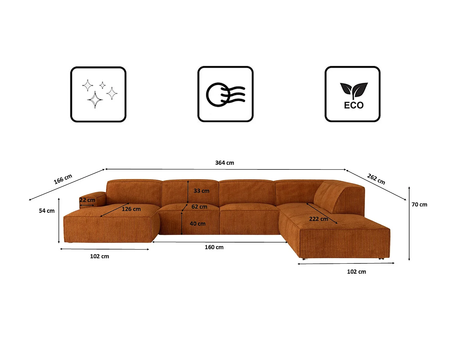 Canapé d'angle en U Cursal V, tissu Poso, cuivre, droit