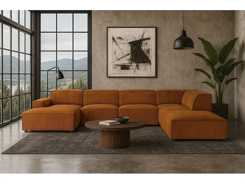 Canapé d'angle en U Cursal V, tissu Poso, cuivre, droit