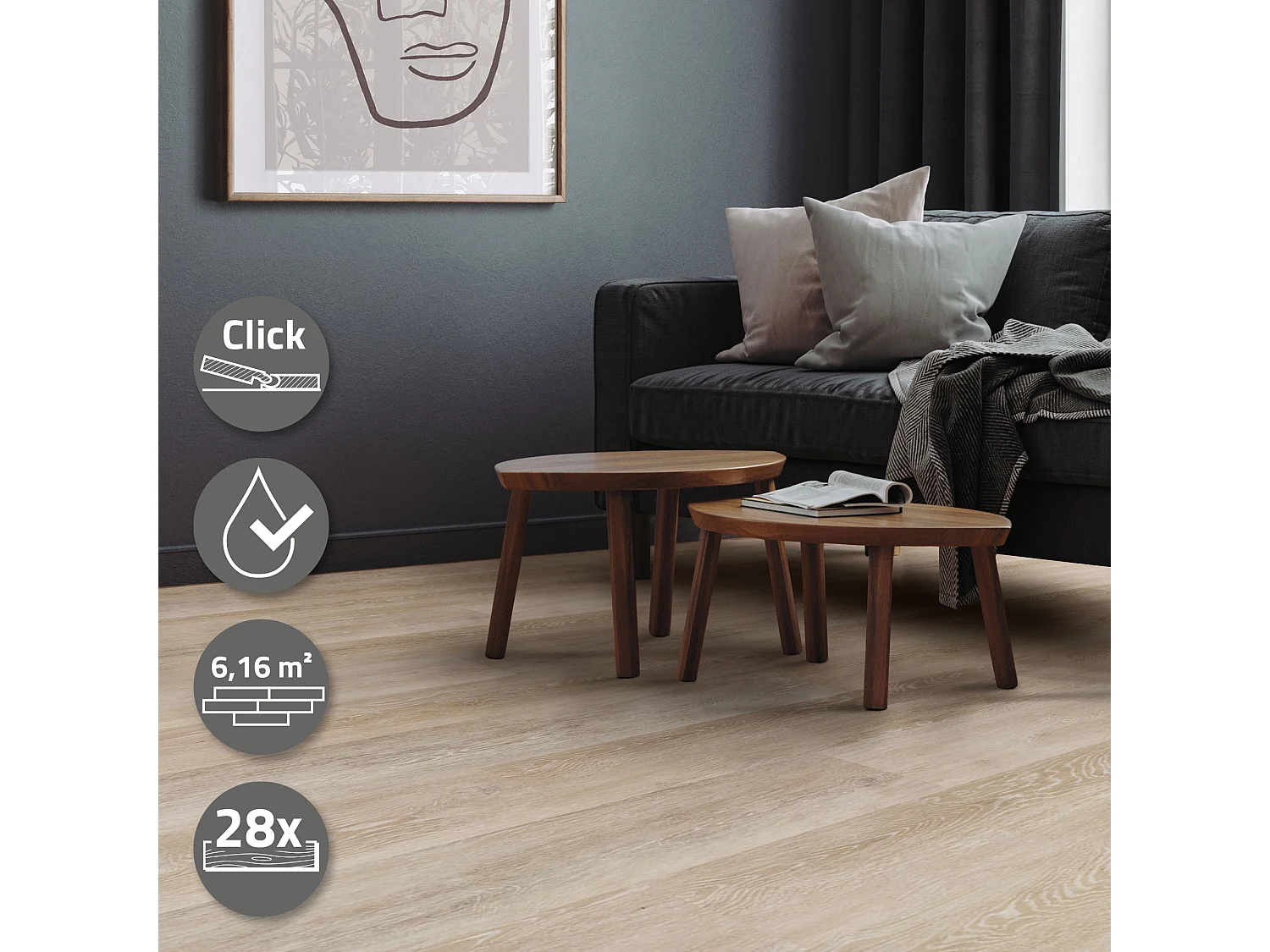 Pavimento in PVC Deluxe 122x18cm 6,16 m² 4,2mm rovere lucido 28 pezzi ad incastro vinile rivestimento aspetto legno antiscivolo impermeabile ML-Design