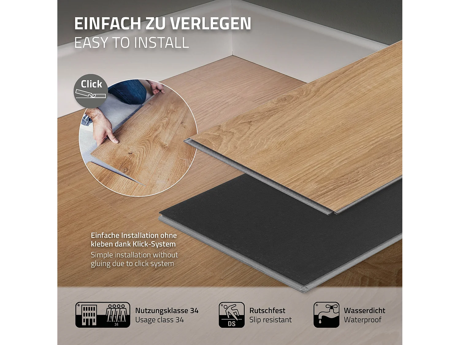 Pavimento in PVC Deluxe 122x18cm 6,16 m² 4,2mm marrone chiaro 28 doghe laminati ad incastro vinile aspetto legno copripavimento impermeabile ML-Design