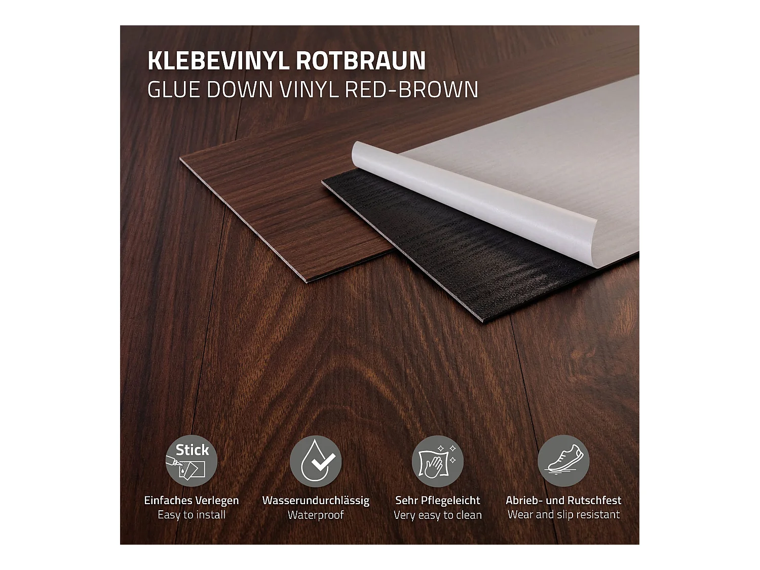 ML-Design Suelo vinílico de PVC 8,92m² color nogal marrón rojizo 64 planchas autoadhesivas 91,5x15,3cm láminas grosor 2mm efecto madera antideslizante