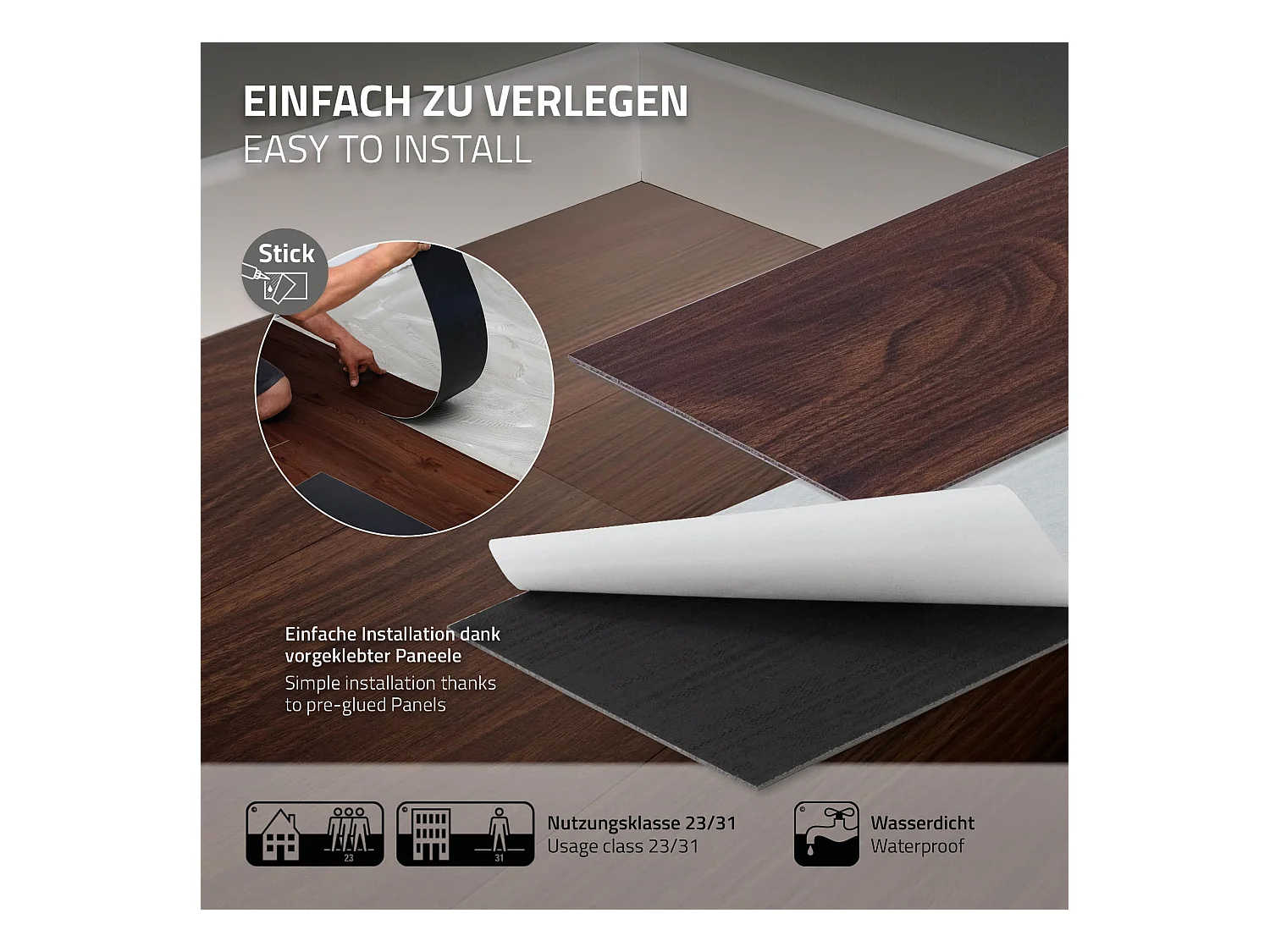 ML-Design Suelo vinílico de PVC 8,92m² color nogal marrón rojizo 64 planchas autoadhesivas 91,5x15,3cm láminas grosor 2mm efecto madera antideslizante