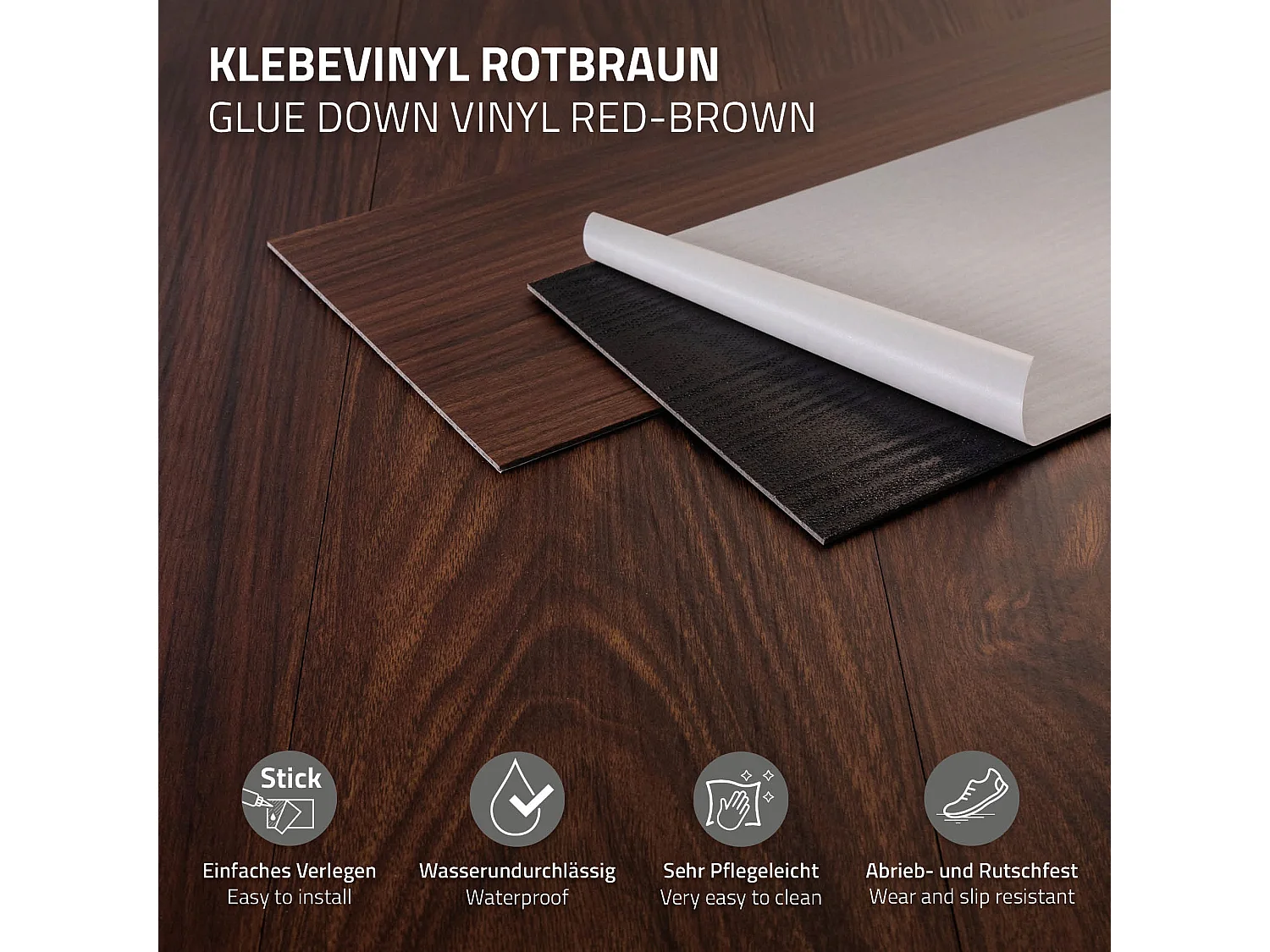 Revêtement de sol autocollant en PVC vinyle 8,92m²/64 planches 91,5 cm x 15,3 cm rouge-brun aspect noyer antidérapant résistant à l'eau et l'abrasion