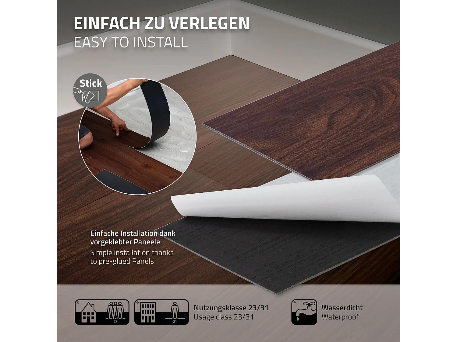 Revêtement de sol autocollant en PVC vinyle 8,92m²/64 planches 91,5 cm x 15,3 cm rouge-brun aspect noyer antidérapant résistant à l'eau et l'abrasion