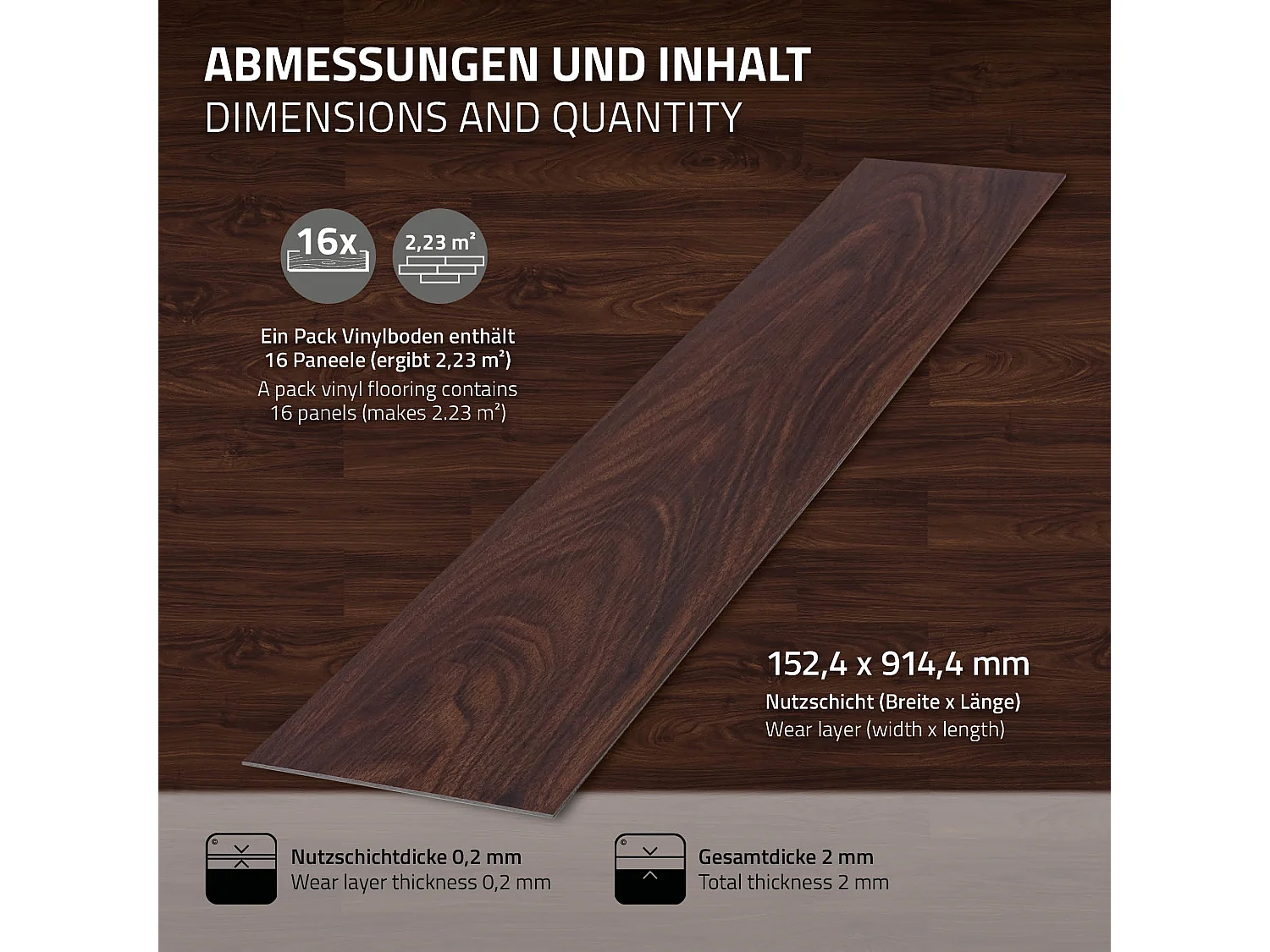 Revêtement de sol autocollant en PVC vinyle 8,92m²/64 planches 91,5 cm x 15,3 cm rouge-brun aspect noyer antidérapant résistant à l'eau et l'abrasion