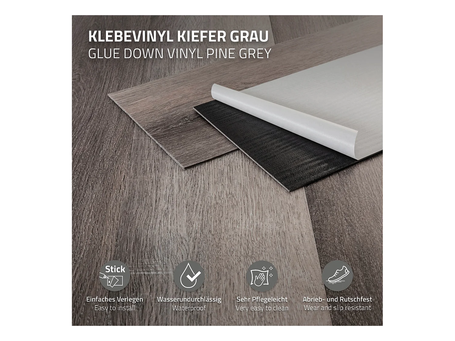 Revêtement de sol autocollant en PVC vinyle 6,69m²/48 planches 91,5 cm x 15,3 cm gris aspect de pin antidérapant résistant à l'eau l'abrasion