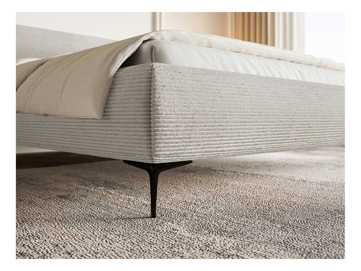 Polsterbett 140x200 mit Bettkasten – Cordstoff – schwarzen Füßen – Greige – ROULE CORD