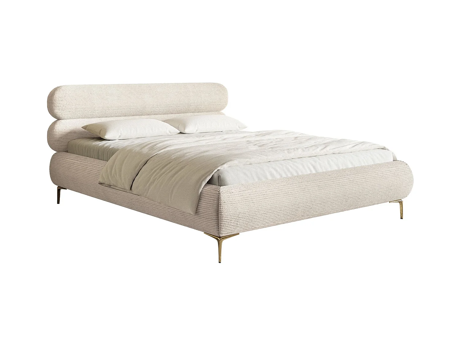Gestoffeerd bed 160×200 met opbergruimte – ribfluweel en goudkleurige poten – lichtbeige – ROULE CORD