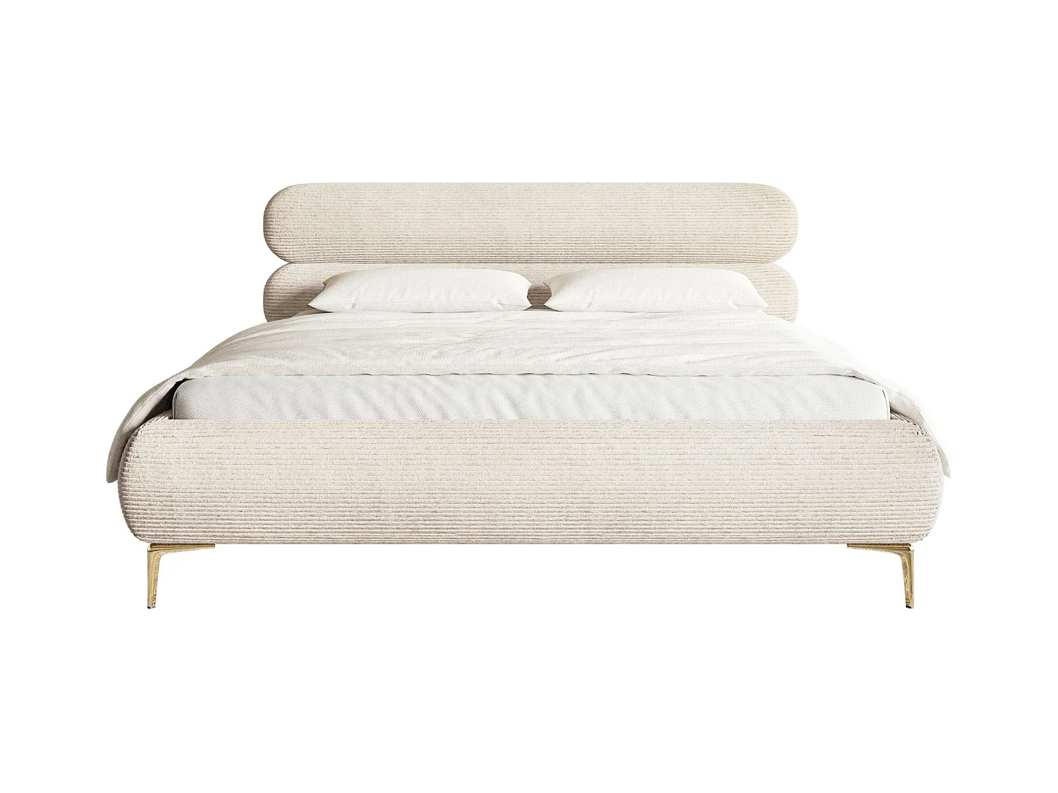 Gestoffeerd bed 160×200 met opbergruimte – ribfluweel en goudkleurige poten – lichtbeige – ROULE CORD
