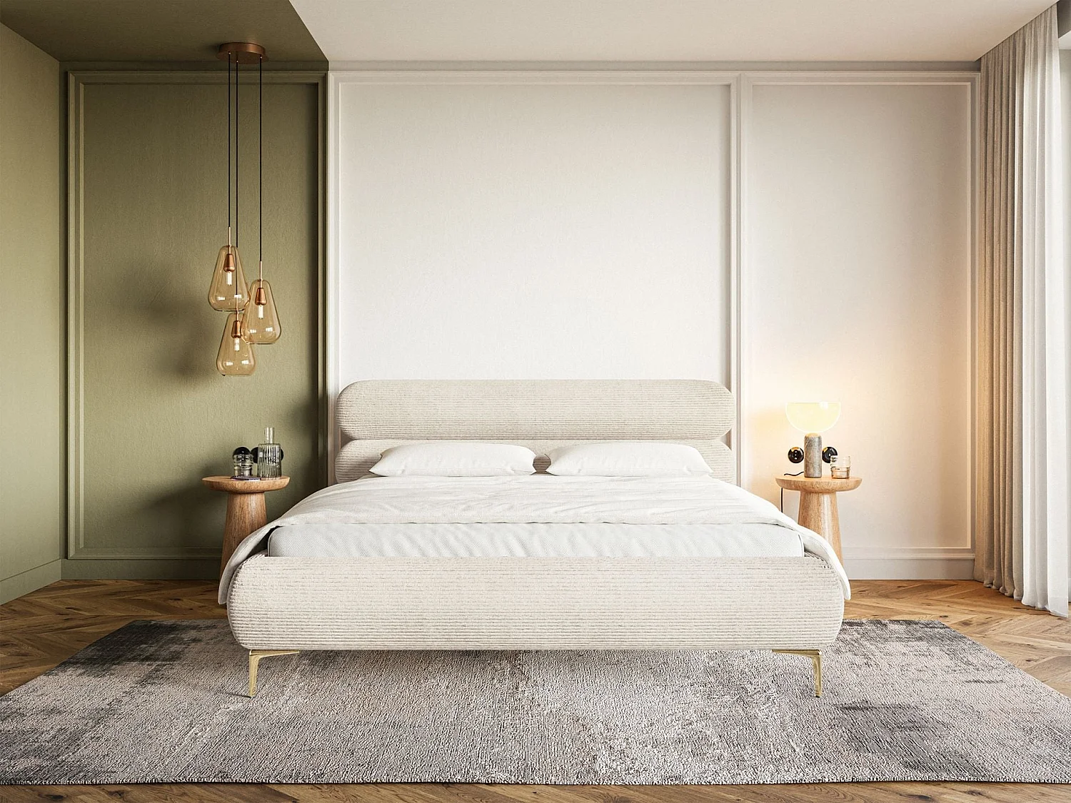 Lit tapissé 160x200 – rangement – velours côtelé – beige clair – ROULE CORD