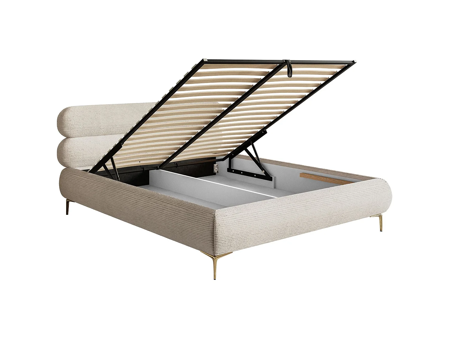 Lit tapissé 160x200 – rangement – velours côtelé – beige clair – ROULE CORD