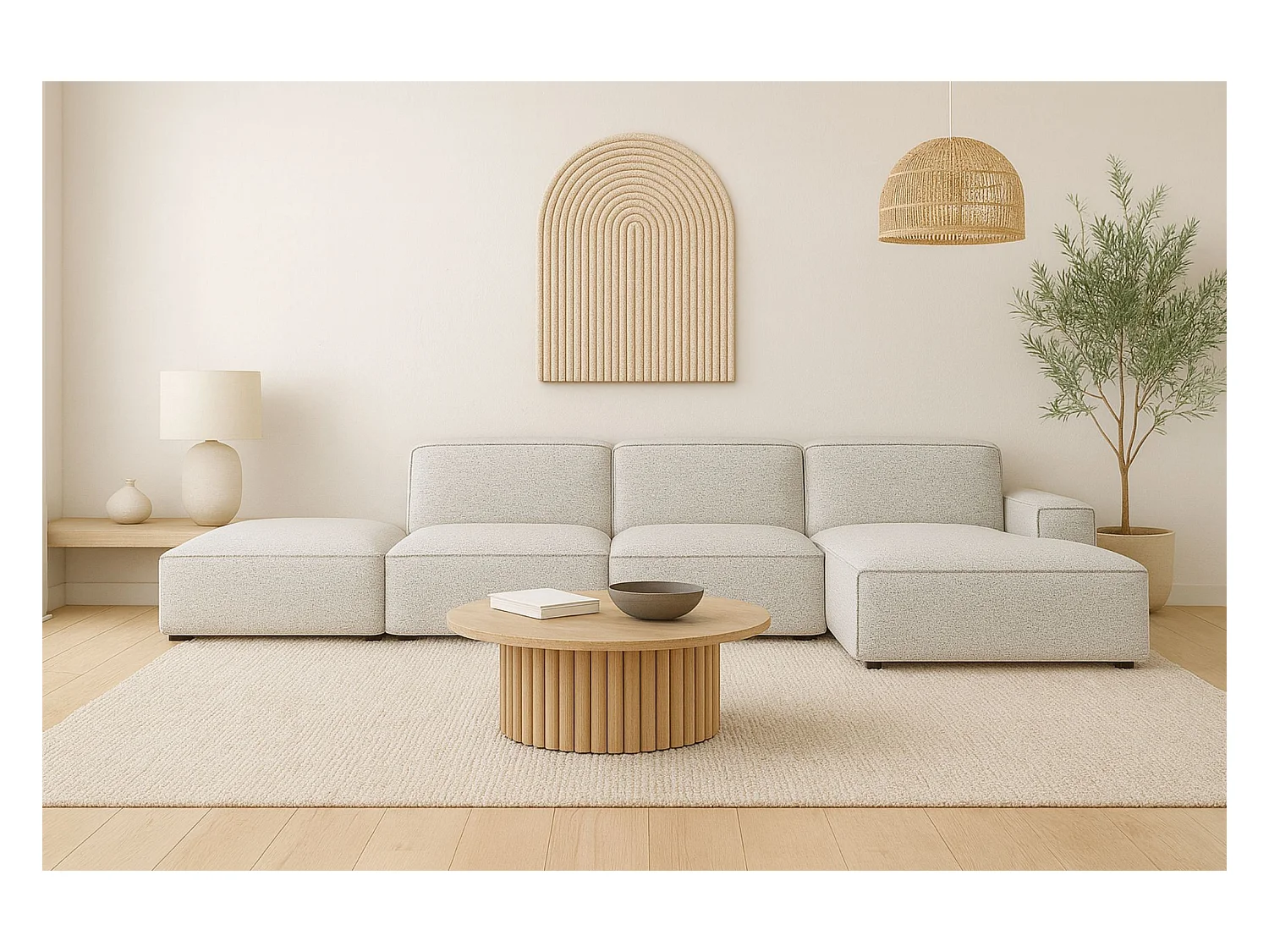 Canapé d'angle en L + tabouret Cursal, tissu Artico, Nata, droite