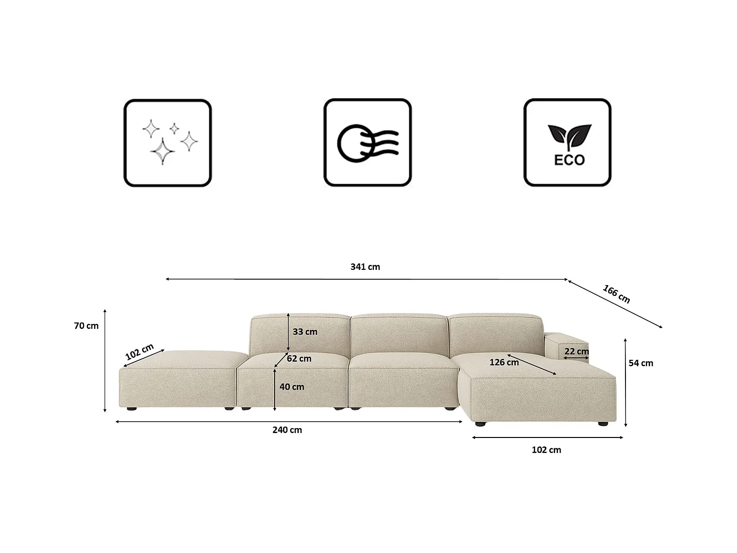 Canapé d'angle en L + tabouret Cursal, tissu Artico, Nata, droite