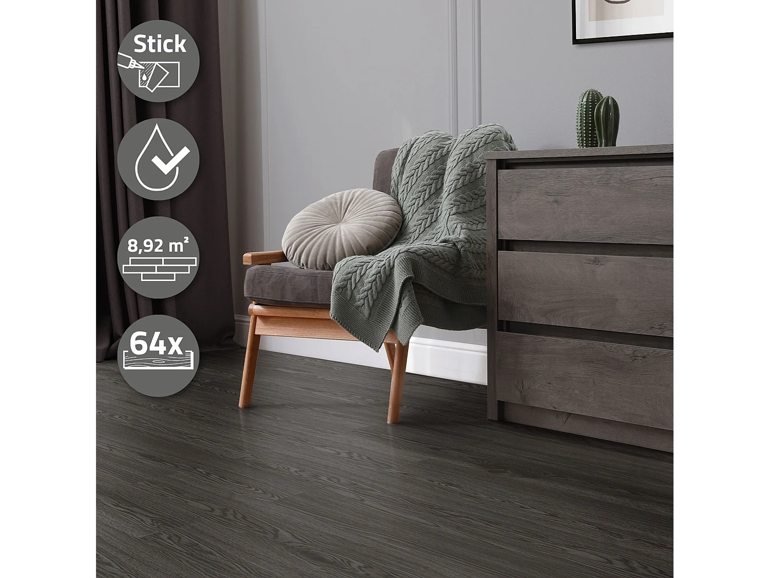 Pavimento in PVC 91,5x15,3 cm 8,92m² grigio scuro 64 listoni 2 mm pavimenti autoadesivi aspetto legno di rovere copripavimento impermeabile ML-Design