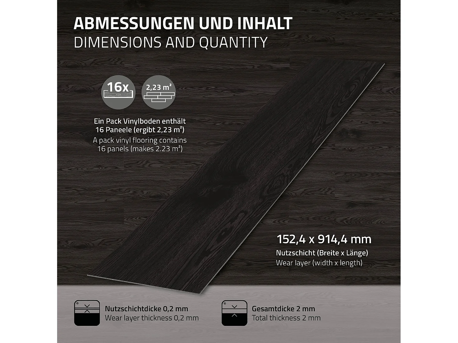 Pavimento in PVC 91,5x15,3 cm 8,92m² grigio scuro 64 listoni 2 mm pavimenti autoadesivi aspetto legno di rovere copripavimento impermeabile ML-Design