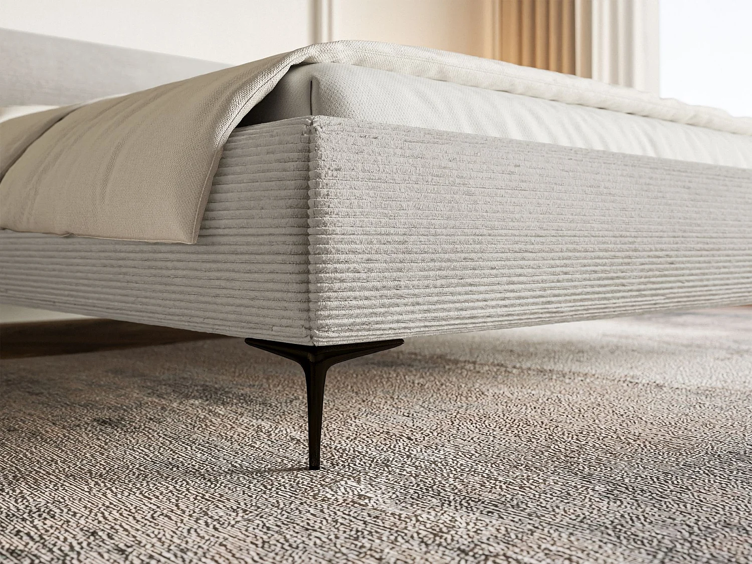 Gestoffeerd bed 180×200 met opbergruimte – ribfluweel en zwarte poten – greige – ROULE CORD