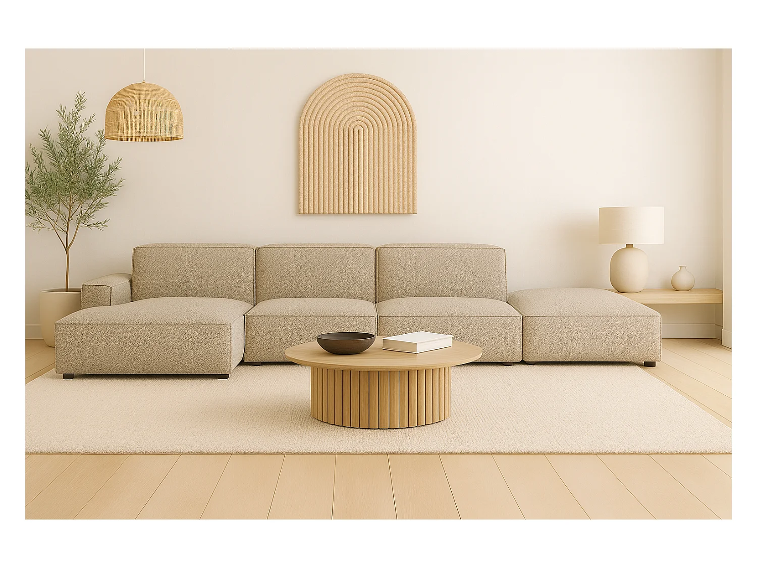 Canapé d'angle en L + tabouret Cursal, tissu Artico, beige, gauche