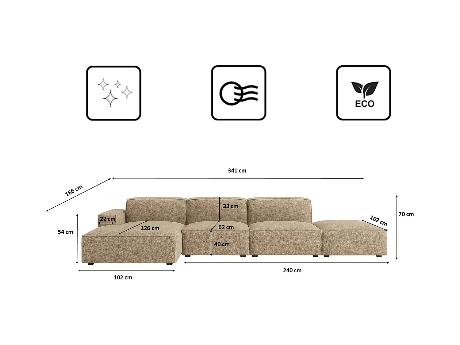 Canapé d'angle en L + tabouret Cursal, tissu Artico, beige, gauche