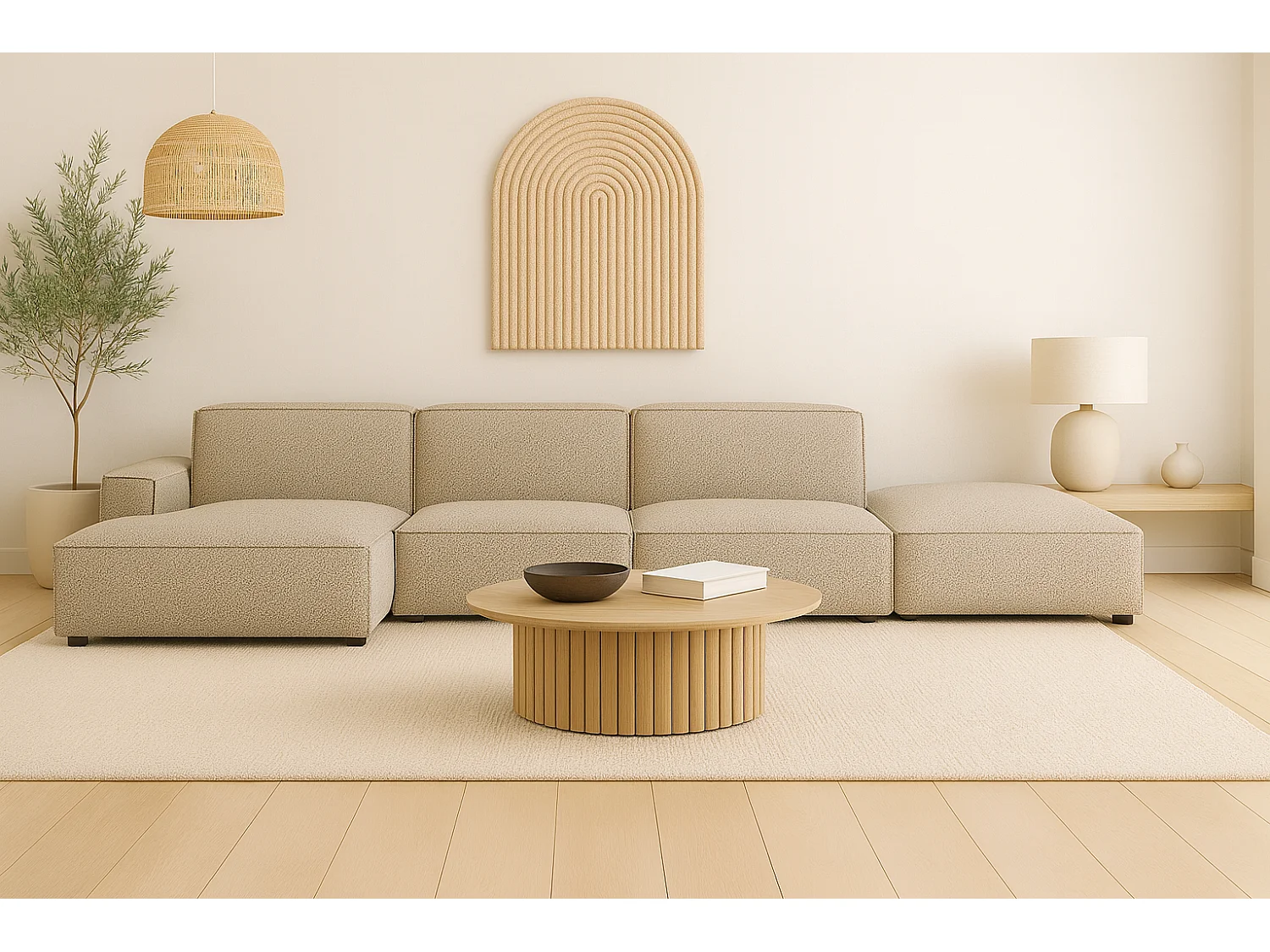 Canapé d'angle en L + tabouret Cursal, tissu Artico, beige, gauche