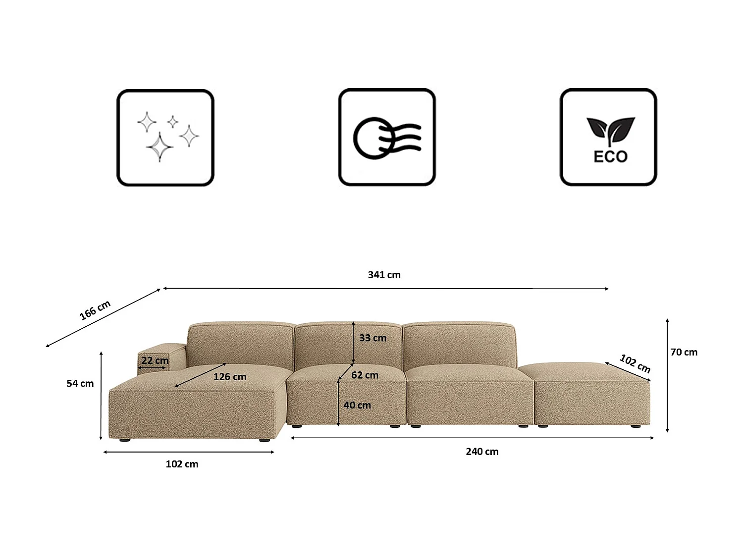 Canapé d'angle en L + tabouret Cursal, tissu Artico, beige, gauche
