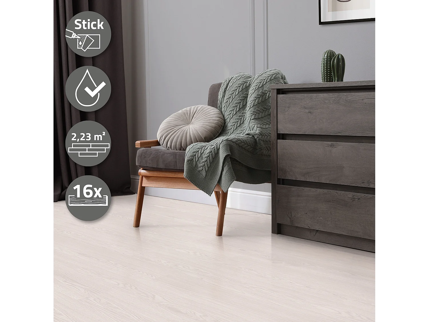 Revêtement de sol autocollant en PVC vinyle 2,23m²/16 planches 91,5 cm x 15,3 cm blanc aspect chêne antidérapant résistant à l'eau et l'abrasion