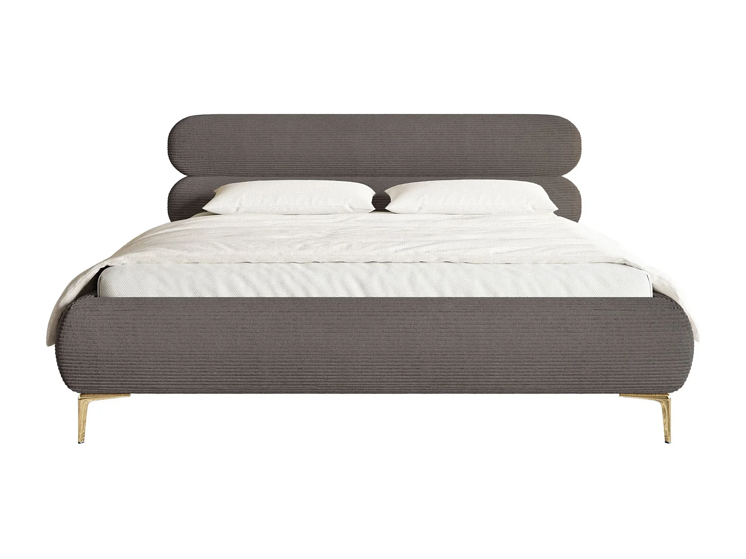 Gestoffeerd bed 160×200 met opbergruimte – ribfluweel en goudkleurige poten – grijs – ROULE CORD