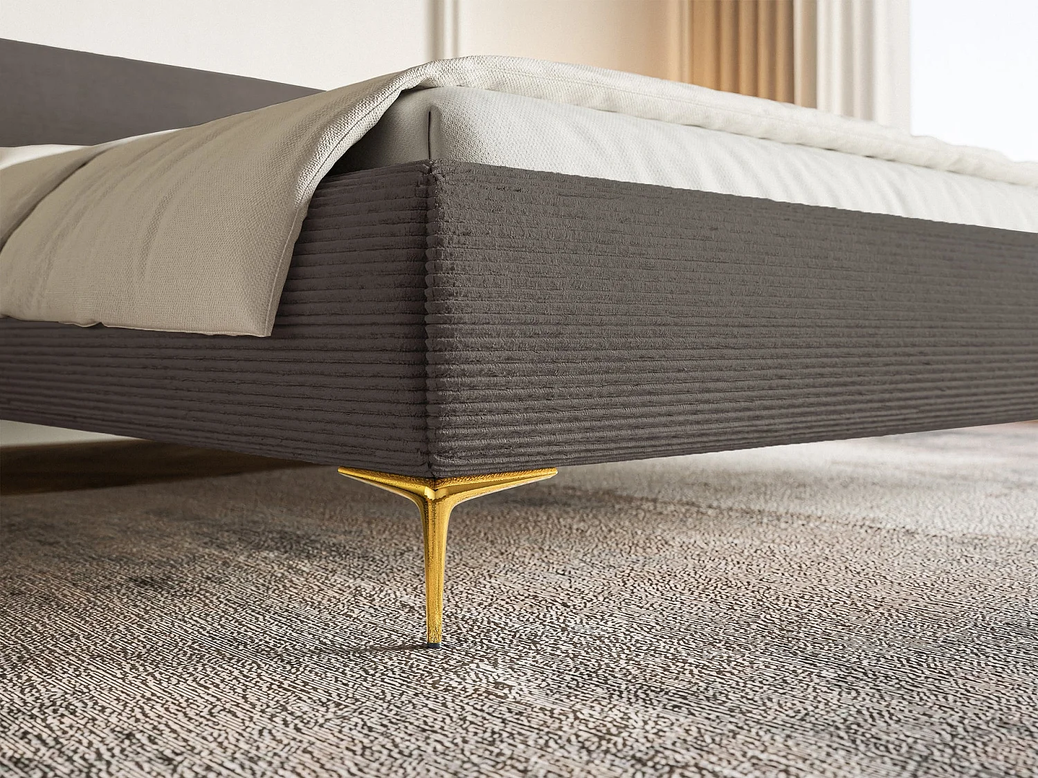 Lit tapissé 160x200 – rangement – velours côtelé – gris – ROULE CORD