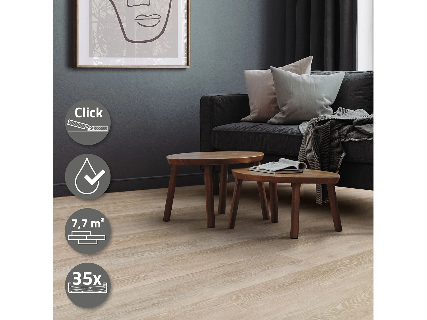 Pavimento in PVC Deluxe 122x18cm 7,7 m² 4,2 mm rovere lucido 35 pezzi ad incastro vinile rivestimento aspetto legno antiscivolo impermeabile ML-Design