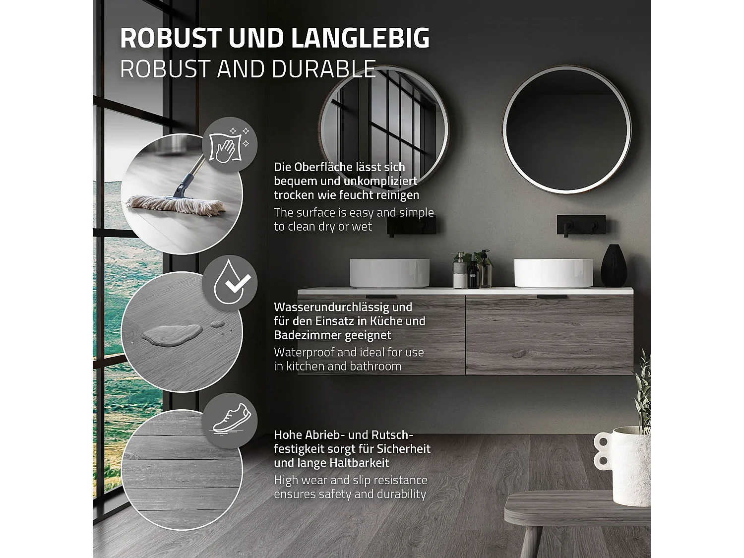 Pavimento in PVC Deluxe 122x18cm 6,16m² grigio 28 pz ad incastro vinile rivestimento aspetto legno antiscivolo copripavimento impermeabile ML-Design