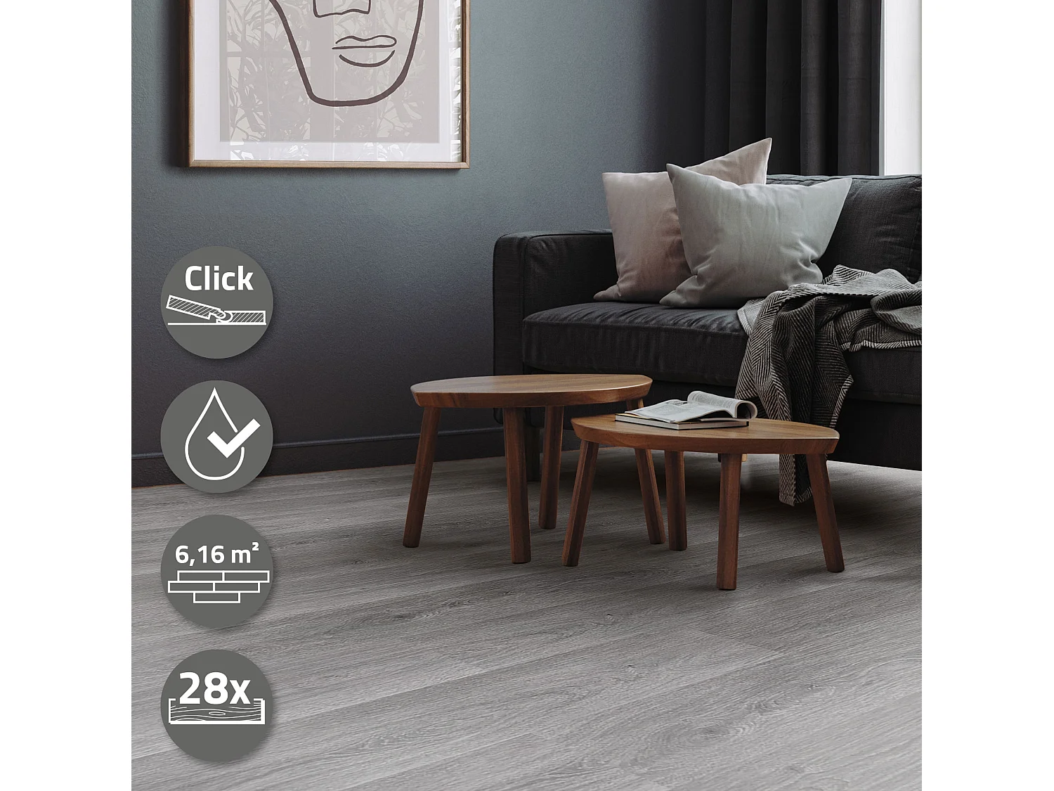 Pavimento in PVC Deluxe 122x18cm 6,16m² grigio 28 pz ad incastro vinile rivestimento aspetto legno antiscivolo copripavimento impermeabile ML-Design