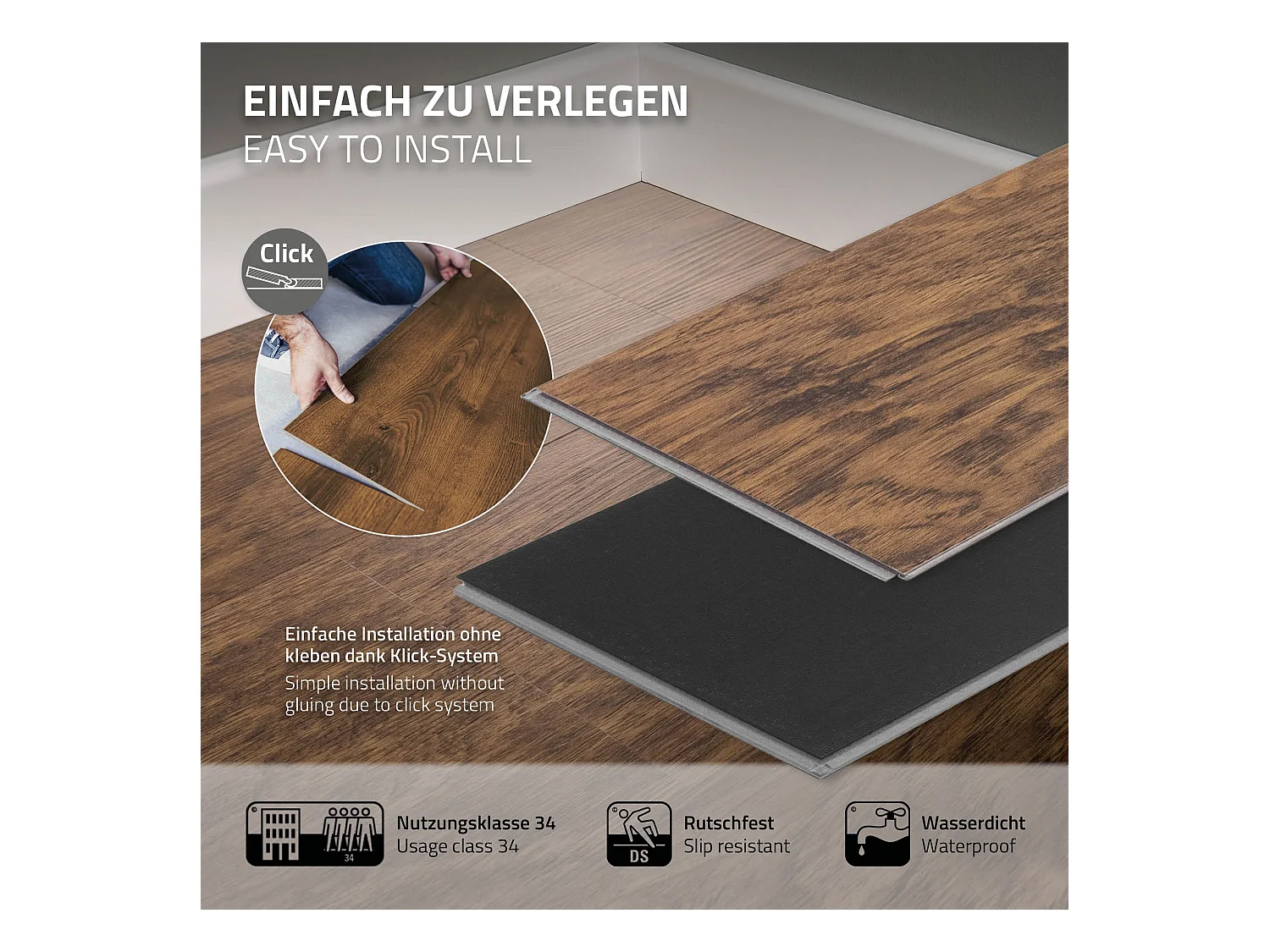 Revêtement de sol clipsable en vinyle 122cm x 18cm x 4,2mm 7,7m²/35 planches marron aspect bois acacia imitation parquet pvc étanche classe charge 34
