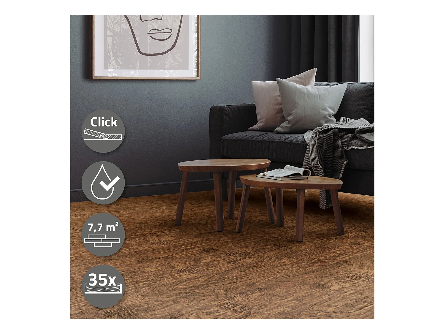 Revêtement de sol clipsable en vinyle 122cm x 18cm x 4,2mm 7,7m²/35 planches marron aspect bois acacia imitation parquet pvc étanche classe charge 34