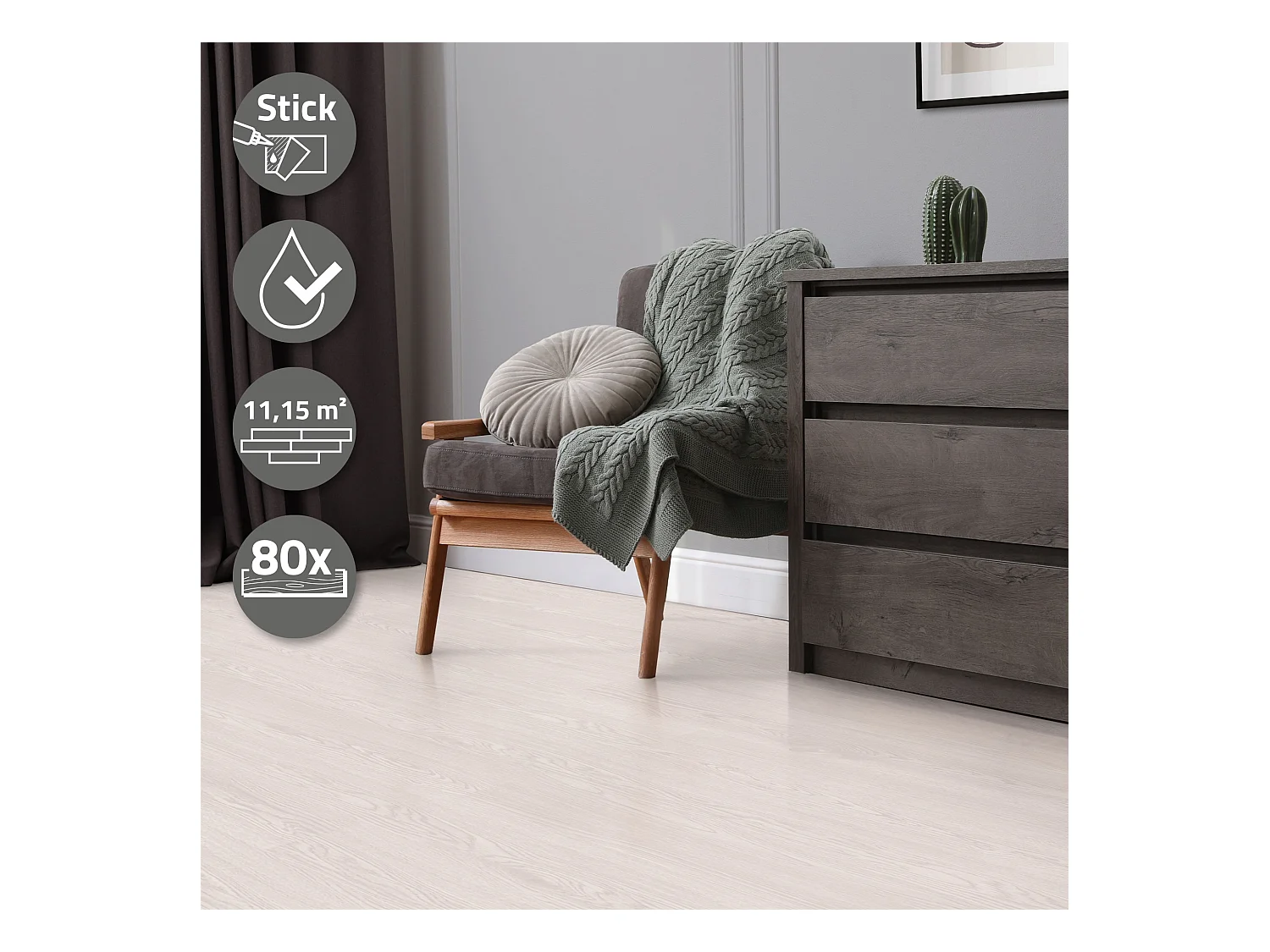 Revêtement de sol autocollant en PVC vinyle 11,15m²/80 planches 91,5 cm x 15,3 cm blanc aspect chêne antidérapant résistant à l'eau l'abrasion