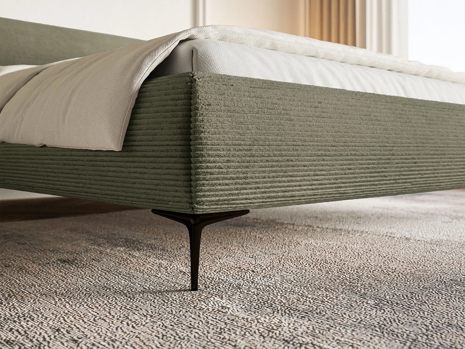 Gestoffeerd bed 140×200 met opbergruimte – ribfluweel en zwarte poten – olijfgroen – ROULE CORD