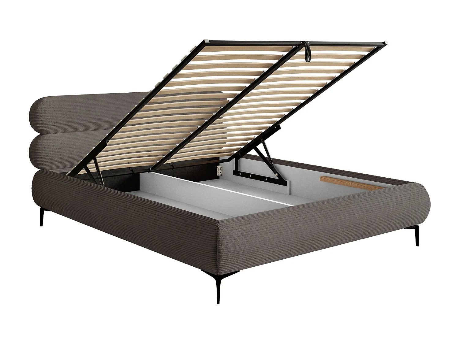 Gestoffeerd bed 160×200 met opbergruimte – ribfluweel en zwarte poten – grijs – ROULE CORD