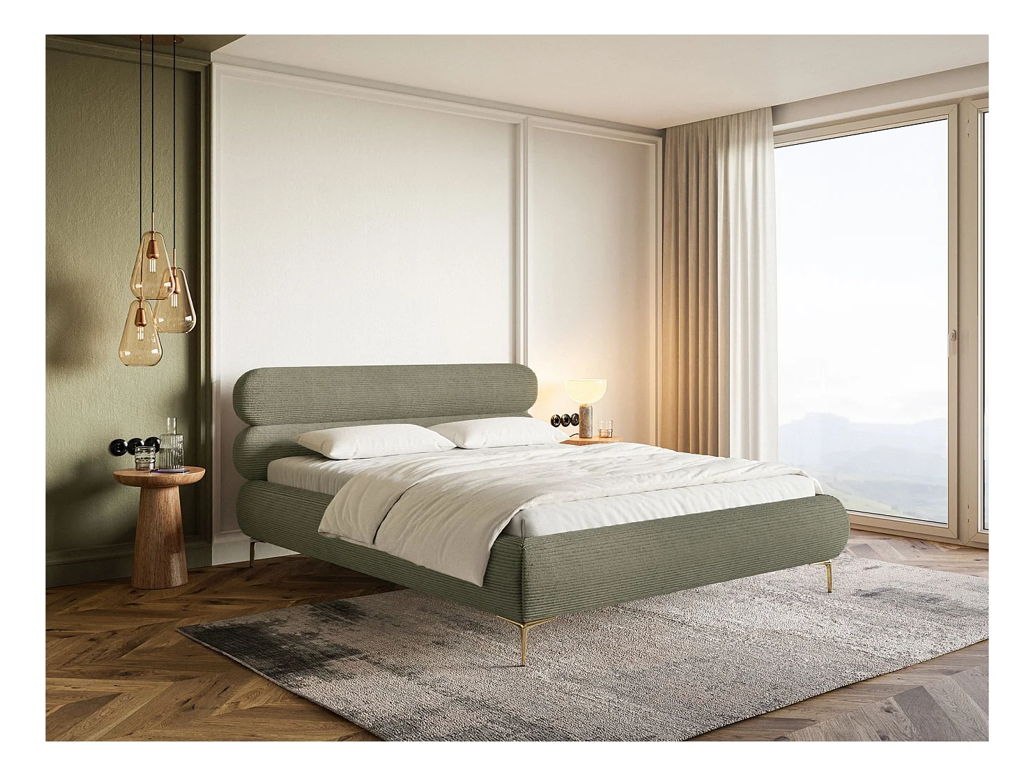 Lit tapissé 140x200 – rangement – velours côtelé – vert olive – ROULE CORD