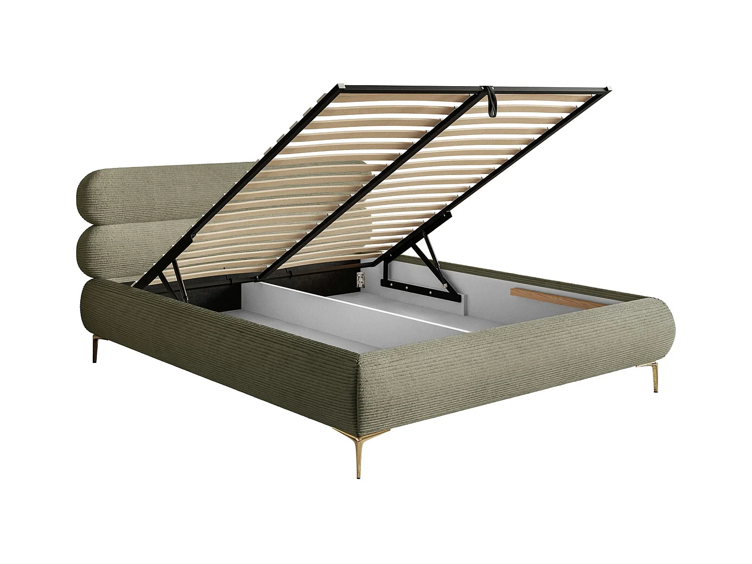 Lit tapissé 140x200 – rangement – velours côtelé – vert olive – ROULE CORD