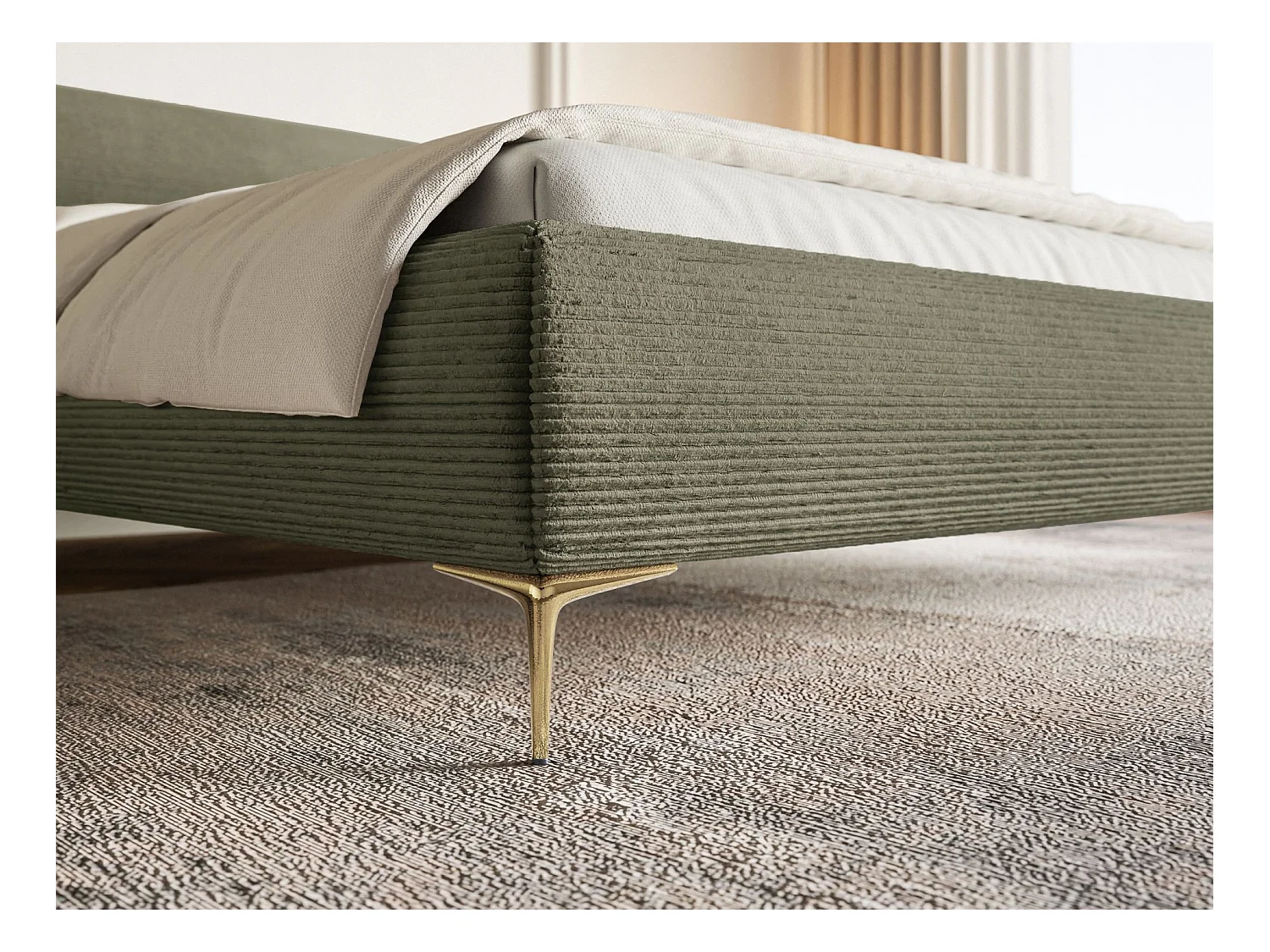 Lit tapissé 140x200 – rangement – velours côtelé – vert olive – ROULE CORD