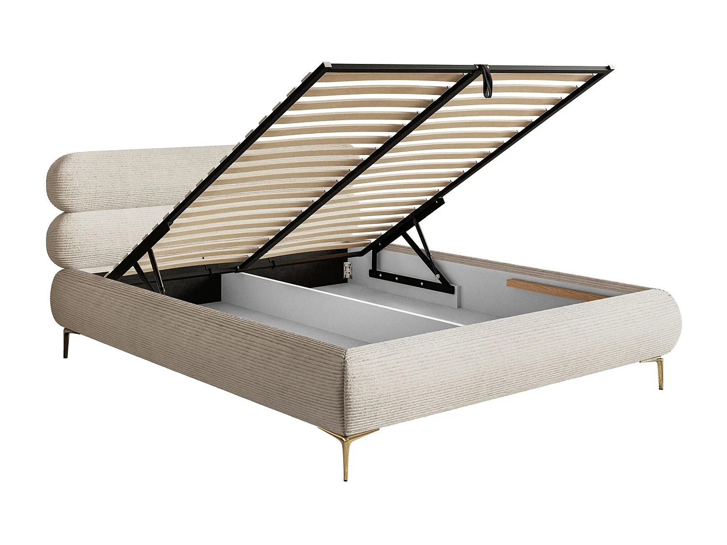 Gestoffeerd bed 140×200 met opbergruimte – ribfluweel en goudkleurige poten – lichtbeige – ROULE CORD