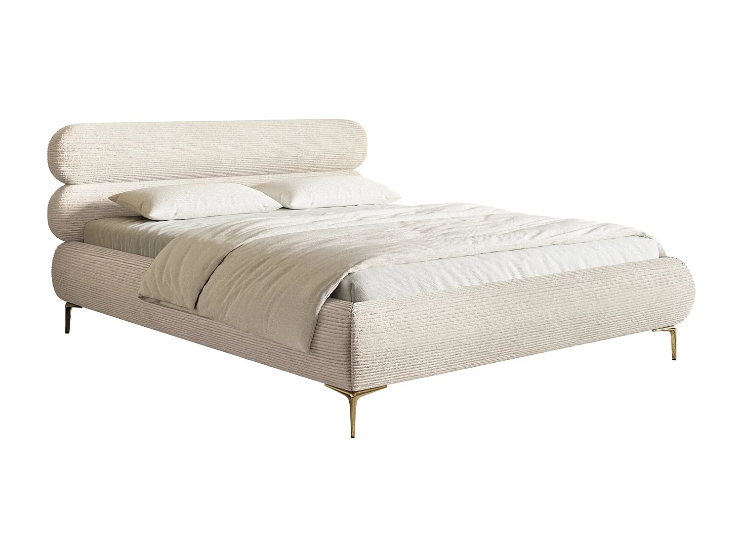 Gestoffeerd bed 140×200 met opbergruimte – ribfluweel en goudkleurige poten – lichtbeige – ROULE CORD