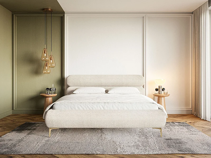 Gestoffeerd bed 140×200 met opbergruimte – ribfluweel en goudkleurige poten – lichtbeige – ROULE CORD