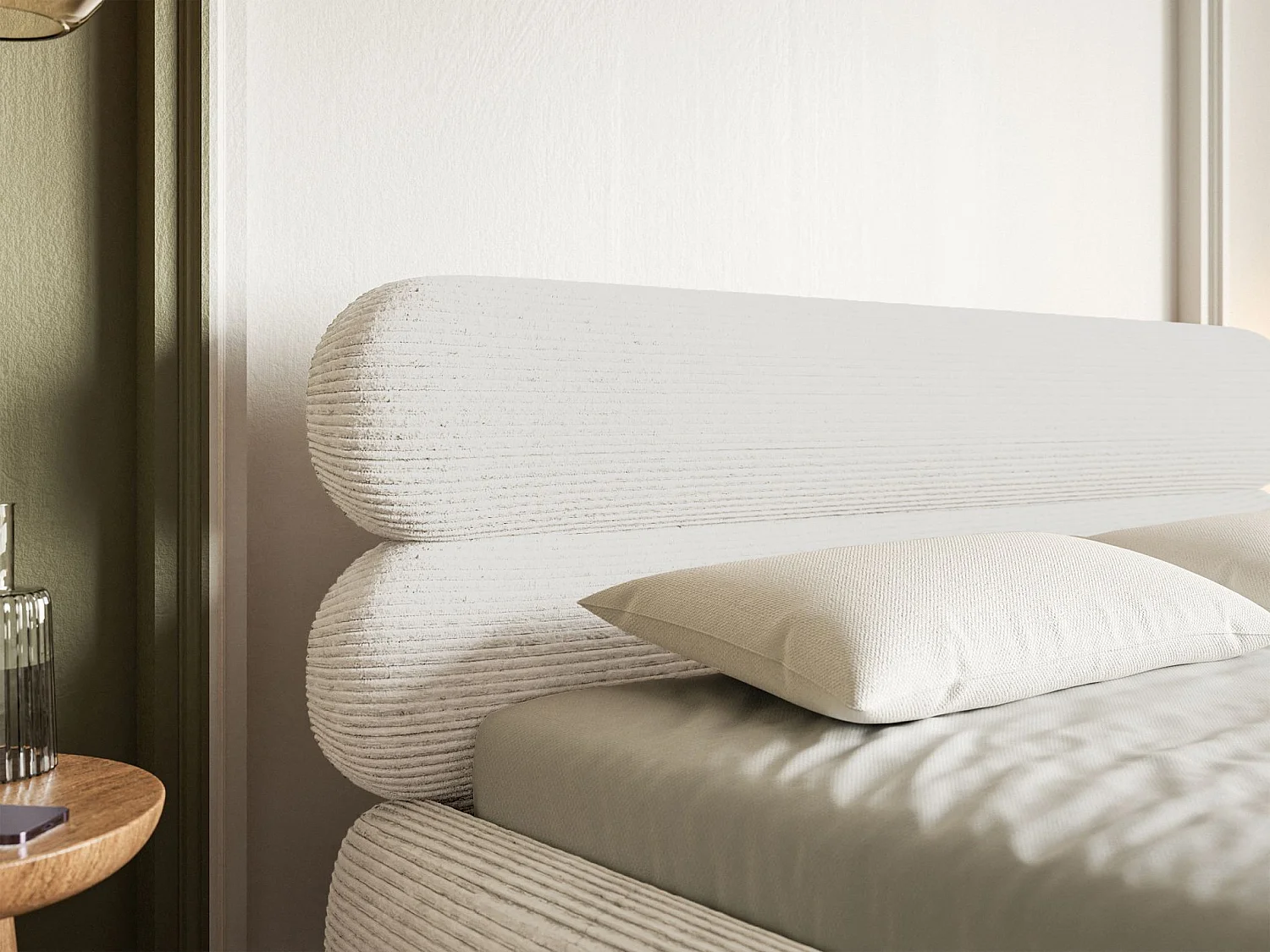 Lit tapissé 160x200 – rangement – velours côtelé – crème – ROULE CORD