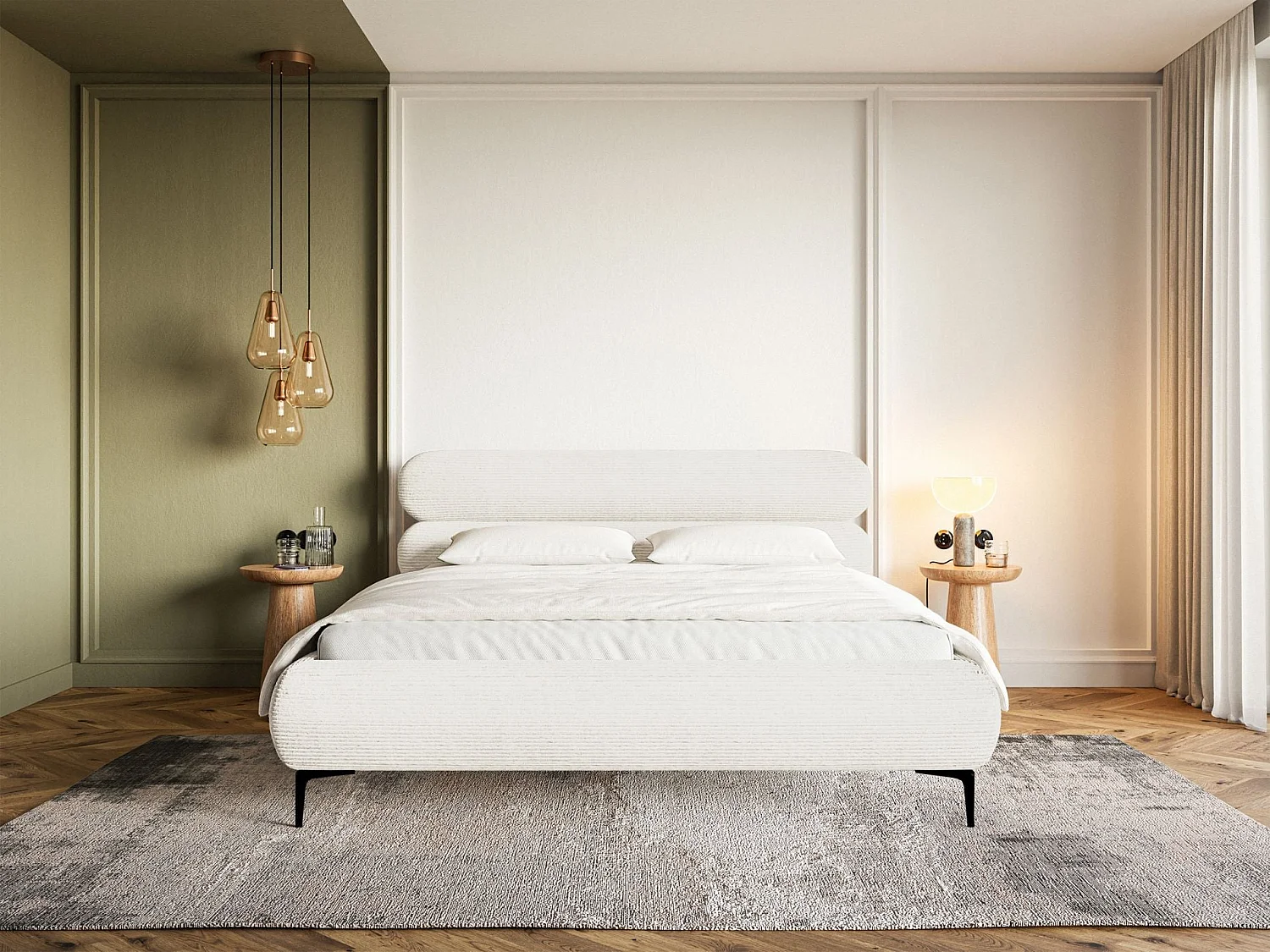 Lit tapissé 160x200 – rangement – velours côtelé – crème – ROULE CORD