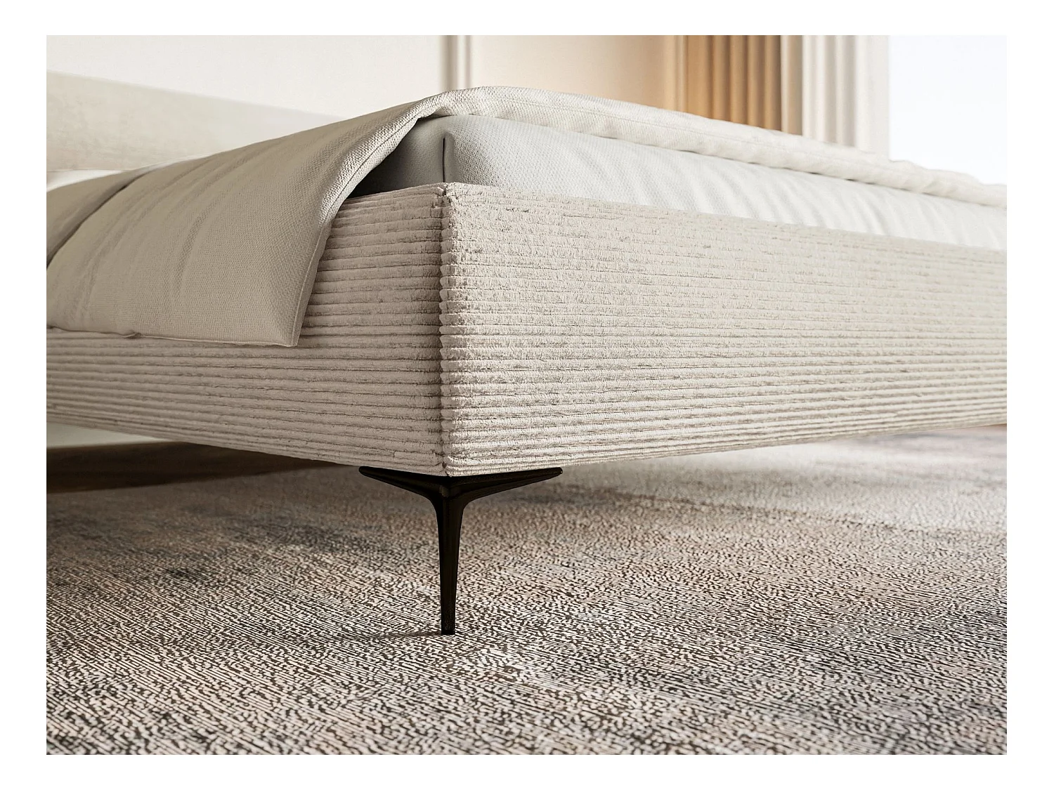 Gestoffeerd bed 160×200 met opbergruimte – ribfluweel en zwarte poten – lichtbeige – ROULE CORD